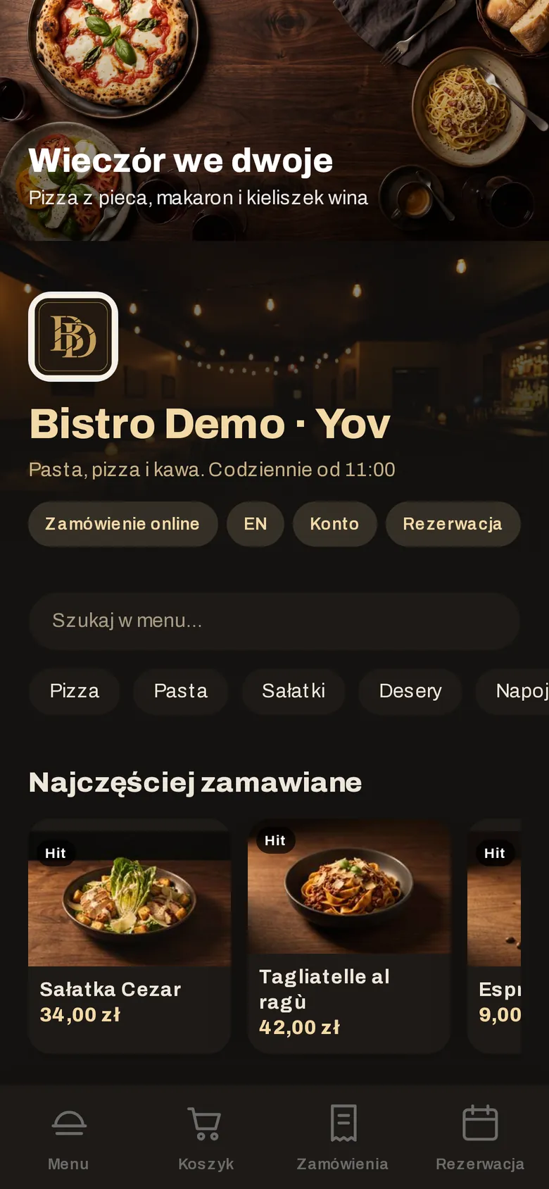 Menu lokalu pokazowego na telefonie gościa: zdjęcie stołu z pizzą i makaronem, nazwa lokalu, kategorie dań i najczęściej zamawiane pozycje ze zdjęciami.